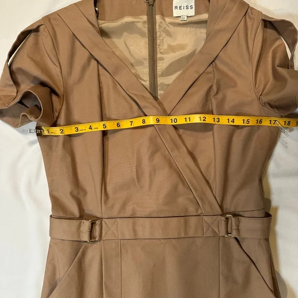 REISS | Quiet Luxury Wrap-Style Belted Dress | Camel Neutral | US 8 - Picture 8 of 11